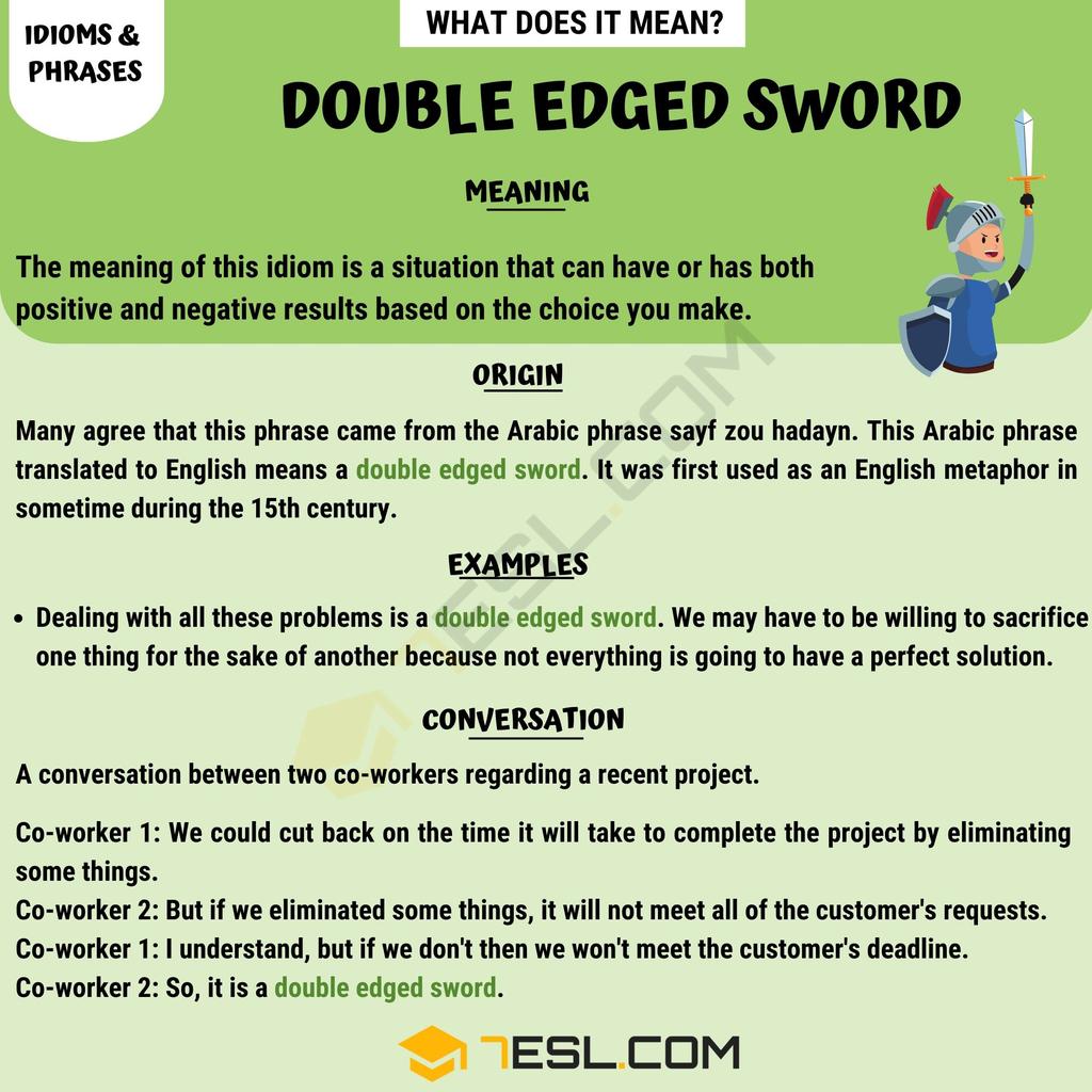 We say "a double-edged sword" because historically most swords had two sharpened edges, which made the phrase a powerful metaphor illustrating something with both positive and negative effects. This expression originated in English in the early modern period, borrowing a concept that existed earlier in Arabic. While many swords were indeed sharpened on both sides, single-edged swords were also common, depending on the era and cultural context.