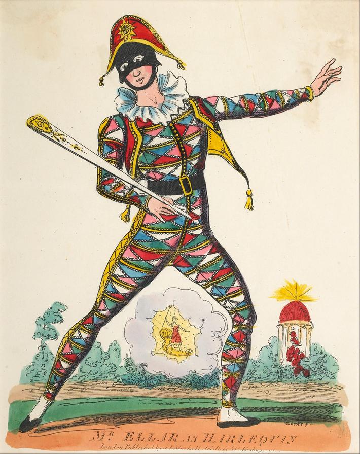 In modern theater, the Harlequin gains a new role as a master of ceremonies or an agent provocateur. This character embodies a blend of humor and tragedy, using playful slapstick to reveal bitter or critical truths. Unlike traditional fools who rely solely on blunt humor, the Harlequin masks sharp commentary beneath comic antics. For example, in the musicalOh! What a Lovely War!, the Harlequin acts as a colorful MC amidst uniformed clowns, gently pushing soldiers toward their demise while symbolically interacting with them, merging comedic surface with tragic undertones.