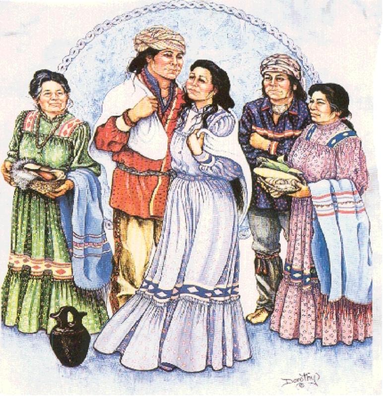 Marriage frequently involved formal courtship and arranged negotiations. According to ethnographic sources, a young man initiated interest by sending his mother’s sister to propose through the young woman’s maternal kin. The matrilineage held significant power in accepting or rejecting the proposal, though the bride’s consent was ultimately mandatory.