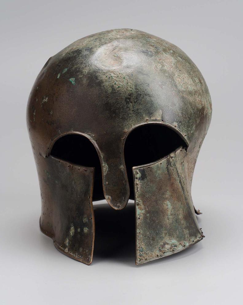The earliest evidence of the Corinthian helmet dates back to the late eighth century BC. We first see it in vase paintings, specifically Attic Late Geometric and Corinthian pottery.